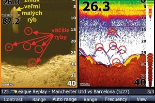 Zobrazenie vľavo - bočný pohľad na stredový lúč; vpravo - snímanie klasickej sondy. Jasne viditeľné rozdiely vo vykreslení funkcie DownScan Imaging™ a klasického sonaru na tom istom mieste.