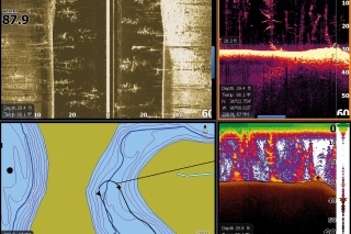 Priestorové snímanie, bočný pohľad, GPS navigácia a zobrazenie sonaru na obrazovke súčasne.