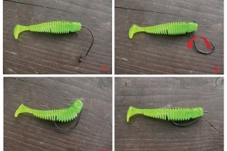 1. Najskôr napichneme gumu v prednej hlavovej časti. 2. Potom akoby pootočením háčika o 180 stupňov ho dostaneme do správnej polohy. 3. A následne prepichneme v správnej vzdialenosti telo gumy. 4. Hrot háčika môžeme nechať vytŕčať von z nástrahy, alebo ho zamaskovať v žliabku na chrbte nástrahy.