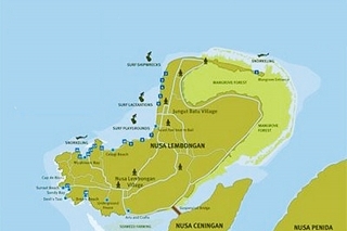 Nusa Lembongan je najbližší ostrov od Bali a aj najlepšie dostupný. Tento malý ostrov /4 km na dĺžku/ poznajú hlavne surfisti. V hlavnej surfarskej sezóne si radšej rezervujte ubytovanie. Sever a západ ostrova  tvoria pláže s bielym pieskom. Východná časť je z mangrových lesov a bažín. Sto metrov od ostrova z južnej časti je ďalší ostrov Nusa Ceningan. Ostrovy sú spojené mostom. Ubytovali sme sa v blízkosti Mushroom bay. Táto časť ostrova je vhodná skôr na dovolenku ako na ryby. Ani z brehu sa tu nedalo chytať, všade sú tu malé hotelové komplexy. Za rybami sme jazdili na koniec východnej časti ostrova. Príjemnú spoločnosť nám robili Maťo a Peťo, potápači zo Slovenska.
