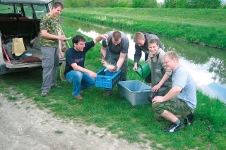 Váženie rýb pri ichtyologickom prieskume na Šúrskom potoku.