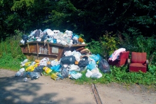 Preplnený kontajner v lese.